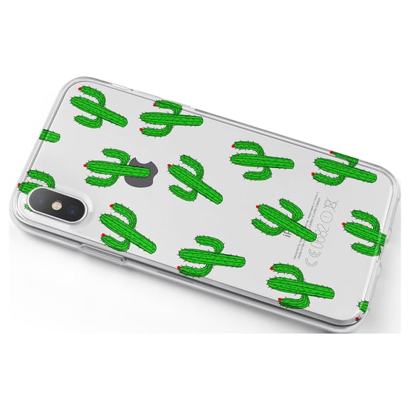DistinctInk Clear Shockproof Hybrid Case for iPhone X / XS (5.8" Screen) - TPU Bumper, Acrylic Back, Tempered Glass Screen Protector - Repeating Cartoon Cactus