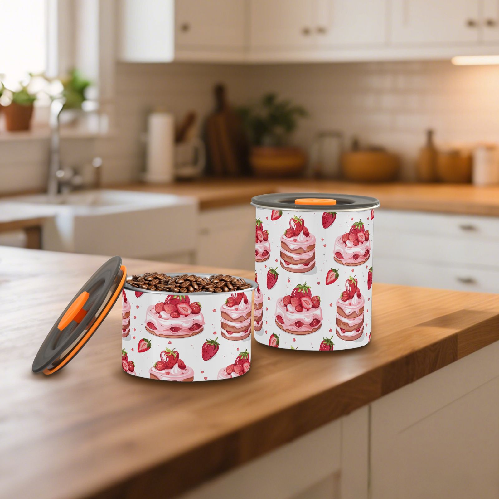 Strawberry Cake Hearts Airtight Coffee Bean Canister 30oz Food Storage Containers with Lids For Gournd, Tea, Sugar, Flour, Rice, Cereal, Candy Cookie Jar