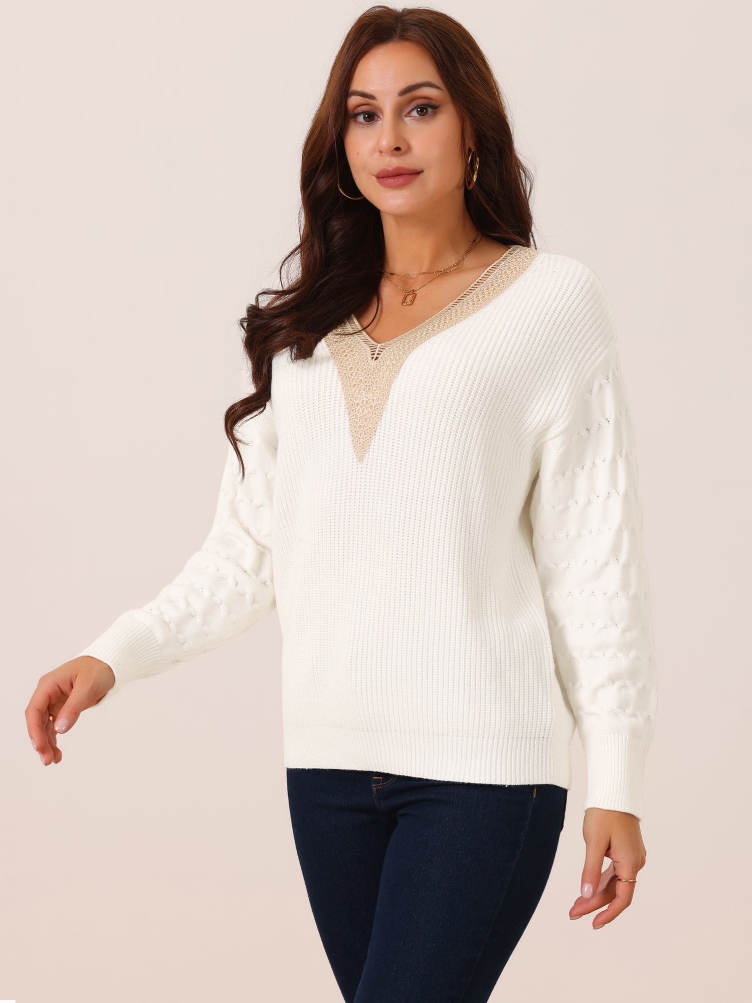 DARING DIVA Long Sleeve Lace V Neck Pullover Sweater Jumper Top XL White