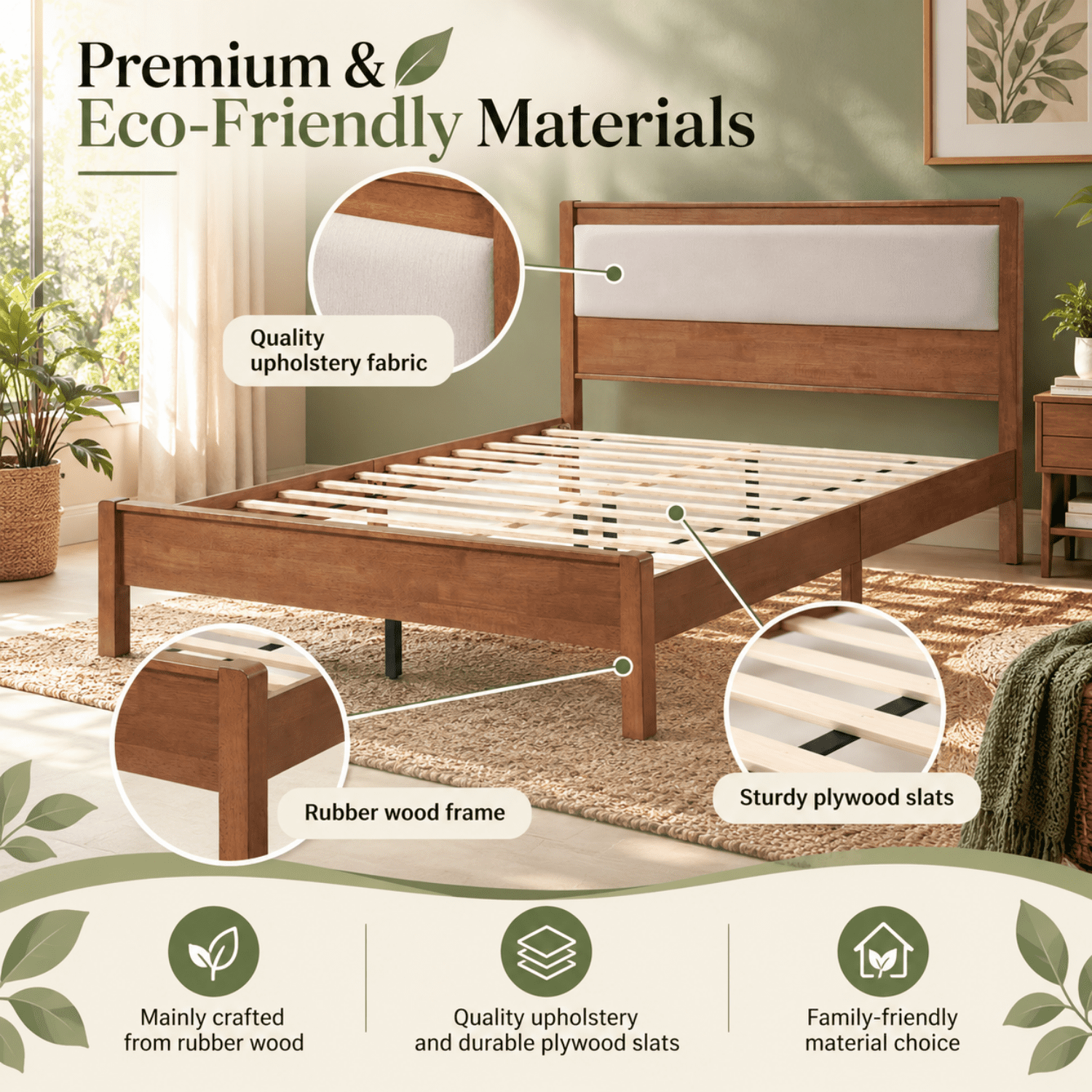 Miniyam Queen Rubberwood Platform Bed Frame with Padded Upholstered Headboard, Brown