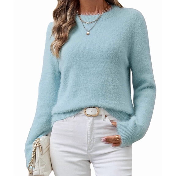 Womens Soft Knit Sweater Fall Dressy Casual Pullover Tops Light Blue S
