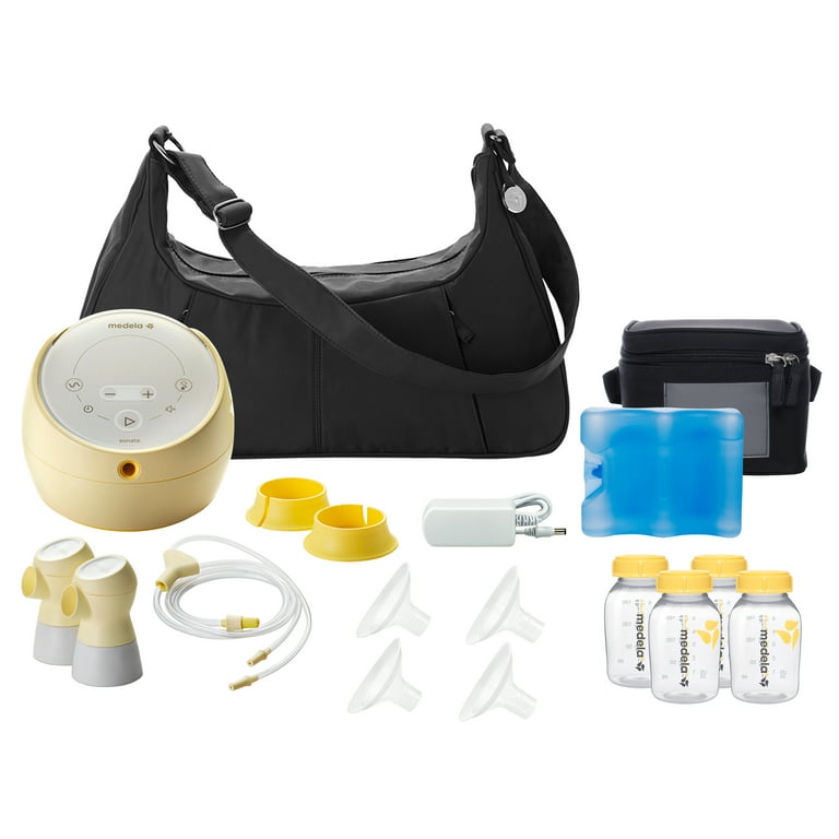 Medela Swing Breast pump- 50mL Bottle-Bottle Stand-Motor-Power  Cord-Shoulder neck strap-Drawstring bag-Tubing-Valve and Membrane-free  Calma Teat-Cap