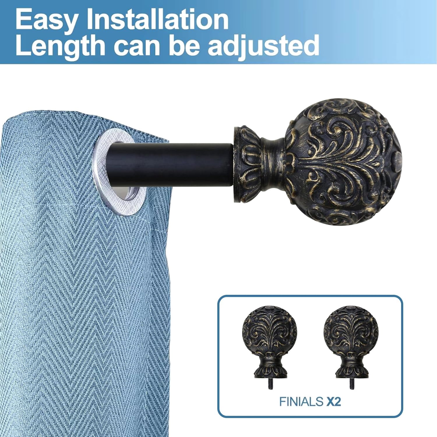 Urbanest Adjustable Single Curtain Rod Set Burnt Gold Scroll Ball Finials – 1 - Inch Diameter, With Black Rod, 84–120 Inches