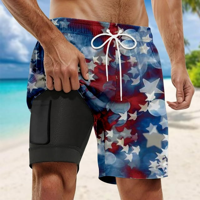 WILLBEST Dry Board Shorts Retro Vintage Men's Beach Shorts Distressed Independence Day Graphic Print Reinforced Double Layer Design Short Pants