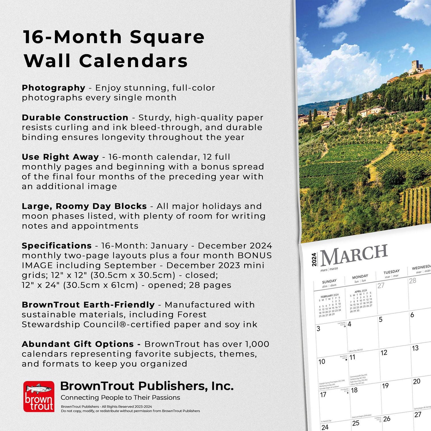 BrownTrout Italy 2024 12x24 Inch Square Wall Calendar, 9781975463311