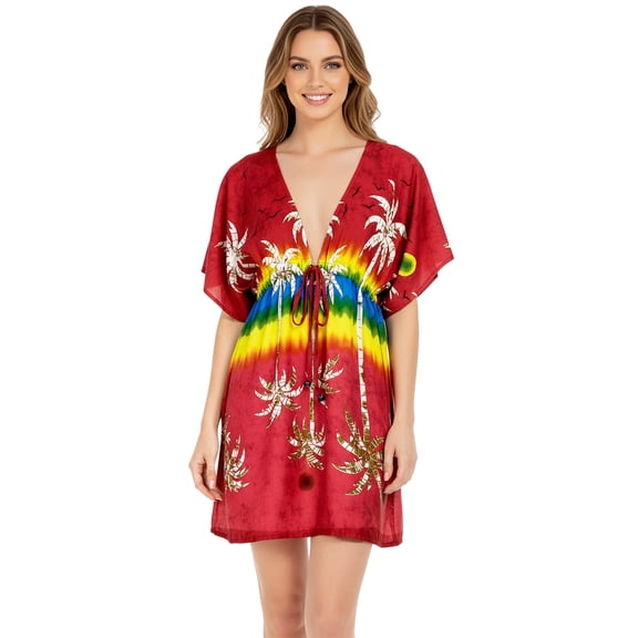 HAPPY BAY Women's Beachwear Summer Swim Beach Dress Cover ups for Swimwear Women Loose Swing Swimsuit Coverups for Women Tops for Women XL-XXL Red, Palm