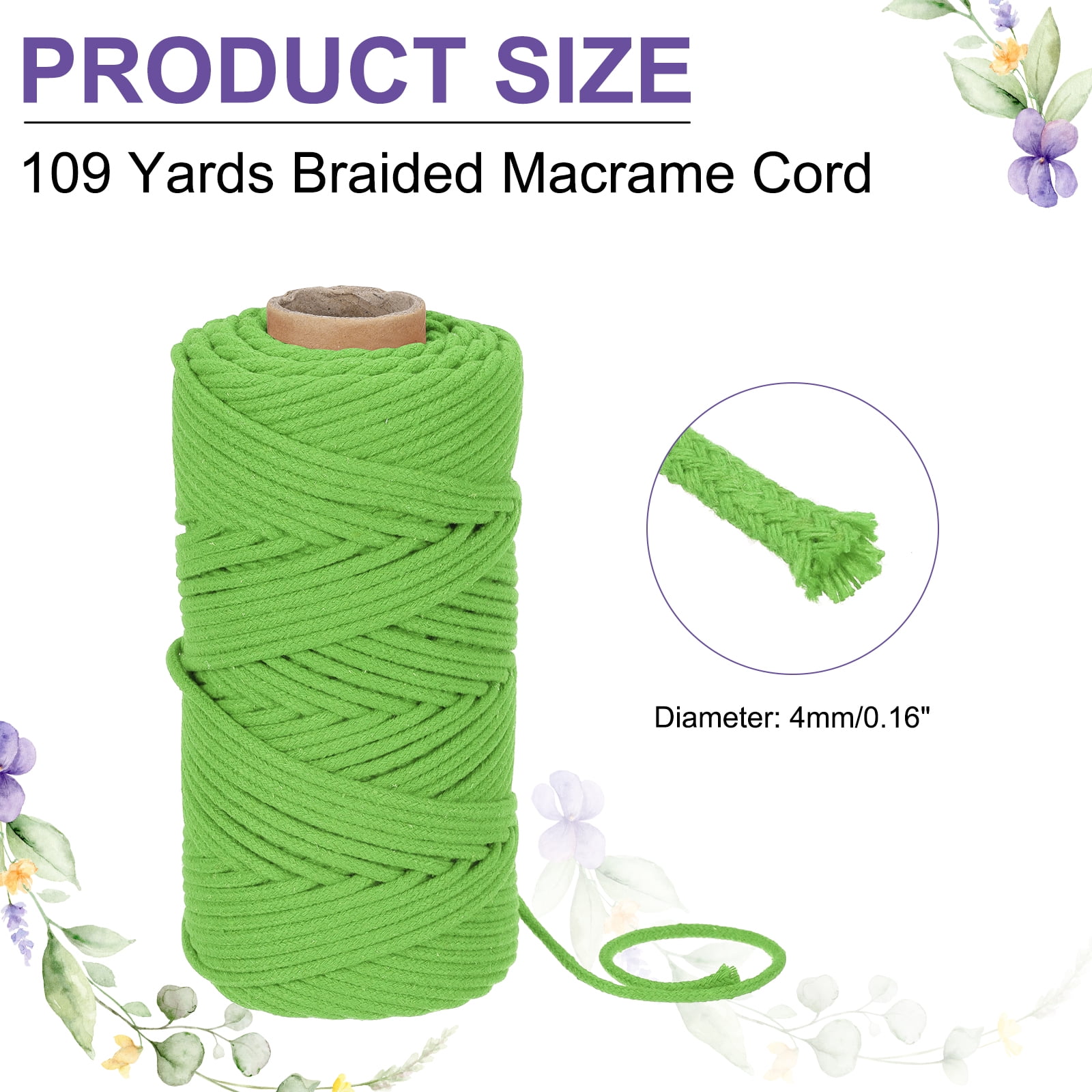 Braided Macrame Cord, 4mm x 109 Yards Natural Cotton Rope Macrame Yarn Bohemia Craft String with Scissors(Apple Green)