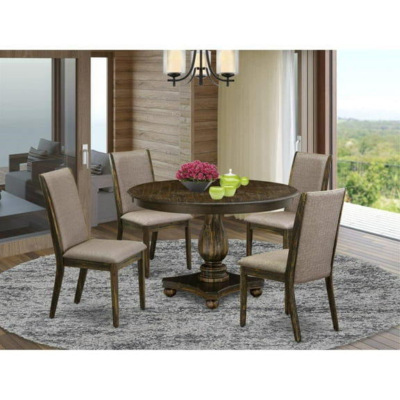 East West Furniture Ferris 5 Pieces Wood Dining Set in Jacobean/Dark Khaki Gray