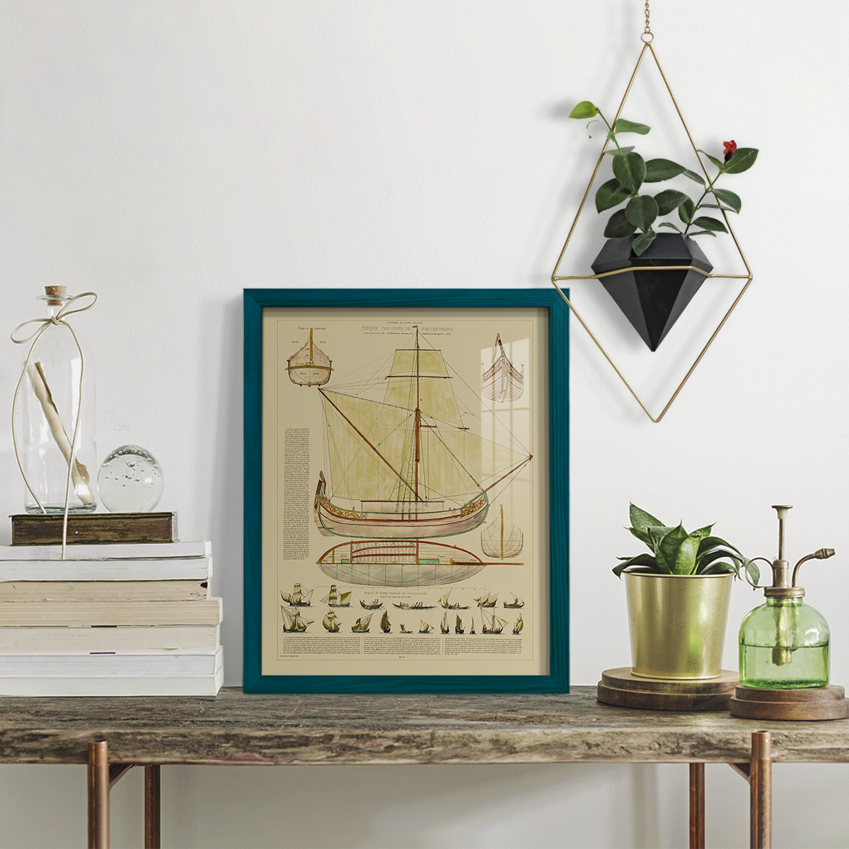 Antique Ship Plan I -Framed Print w/glass-Ocean Blue