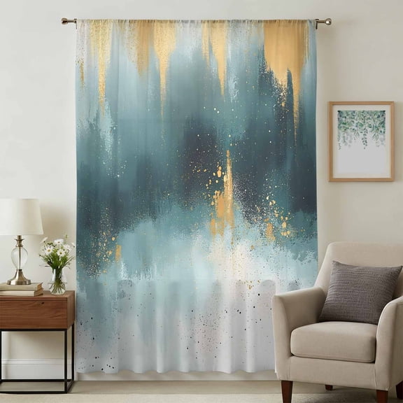Modern Teal Gold Sheer Curtains 108 Inches Extra Long, Abstract Geometric Lines Light Filering Curtains, Privacy Drapes Simi Floor to Veiling Curtain for Living Room Bedroom Large Window Treatment