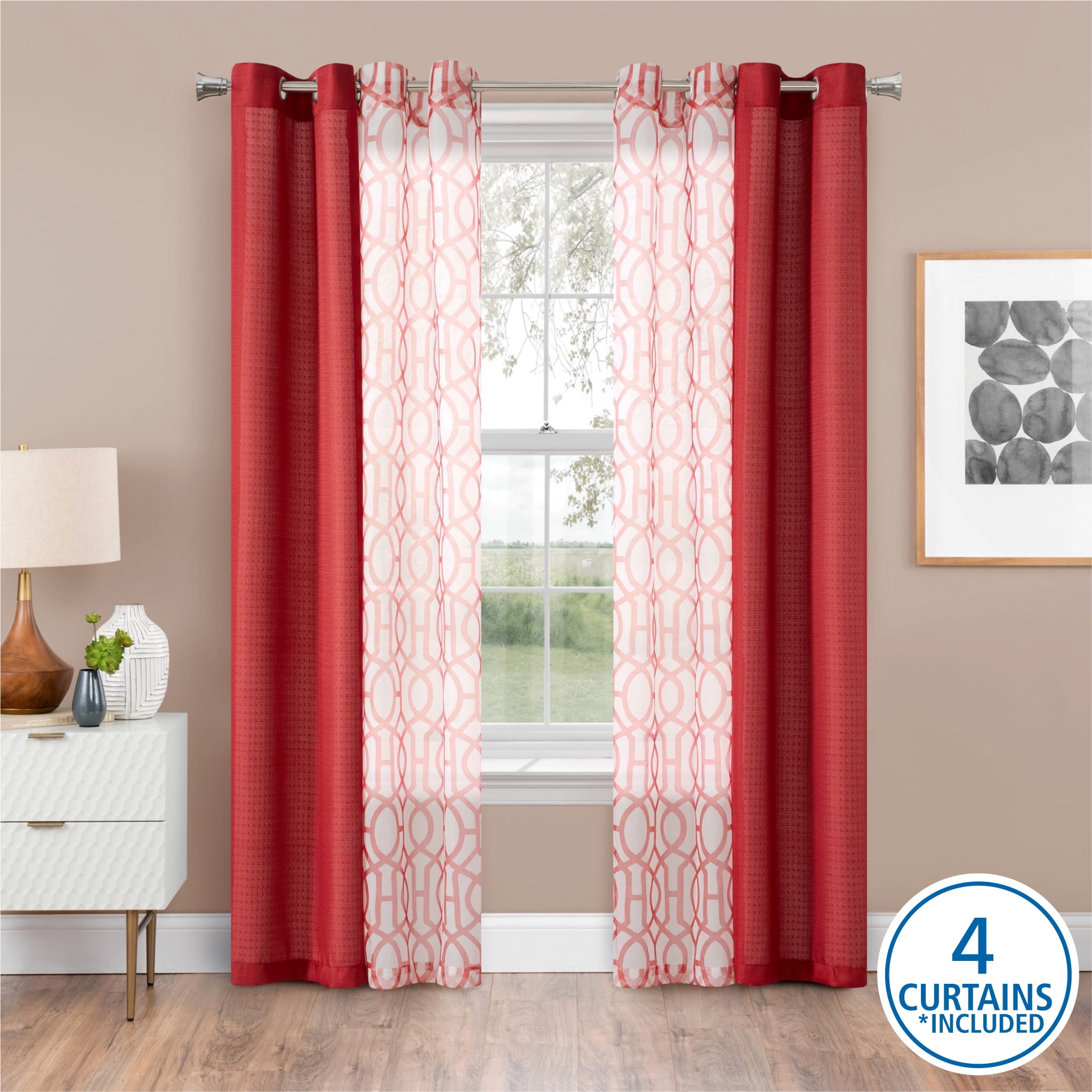 Mainstays 4 Piece Red Polyester Light Filtering Grommet Panel Curtain Set, 27.5" x 84" inches