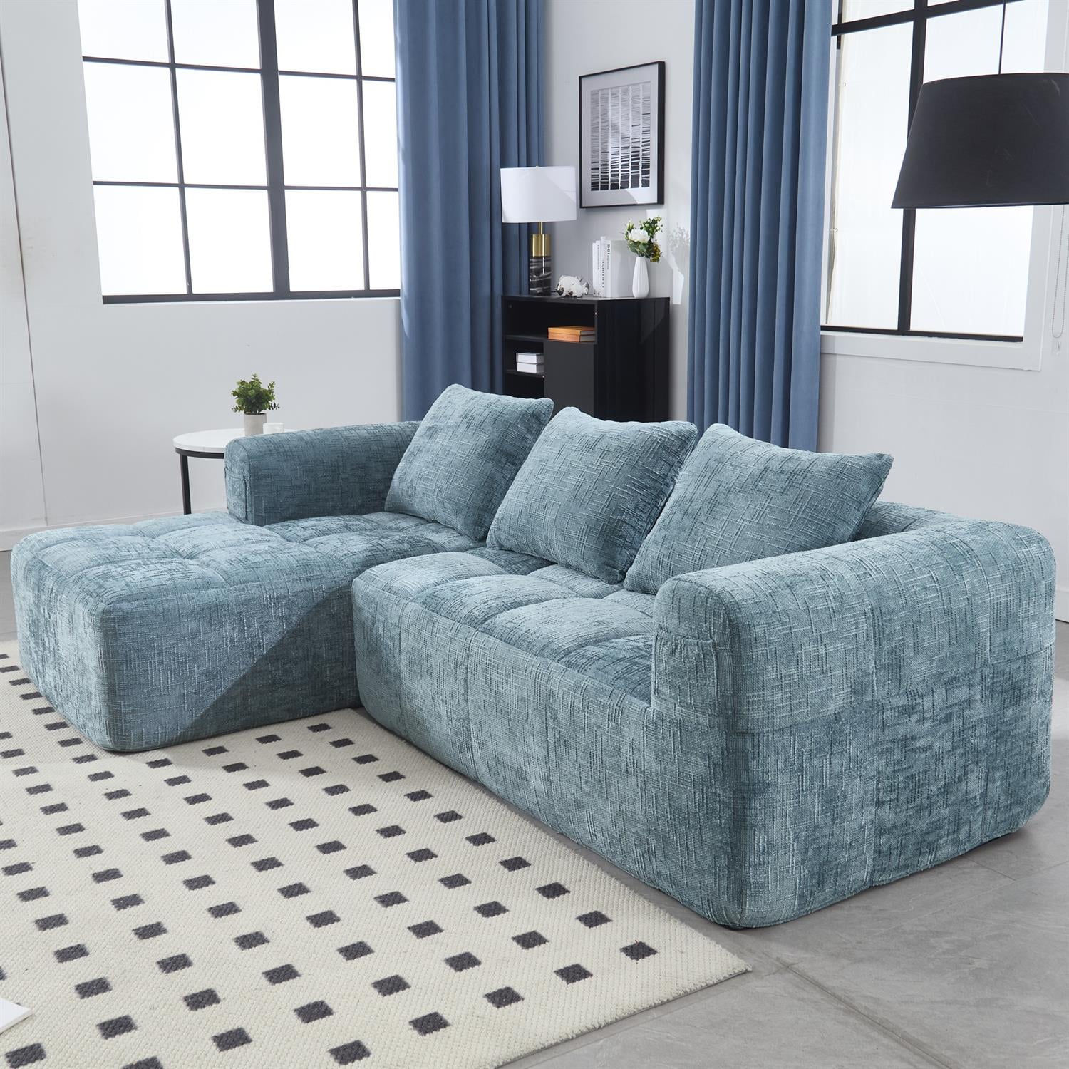 Demi Bonn 98" L-Shaped Modular Sectional Sofa with Chaise, Side Pockets, Modern Comfort Couch, Compression-Free Installation for Living Room, Blue