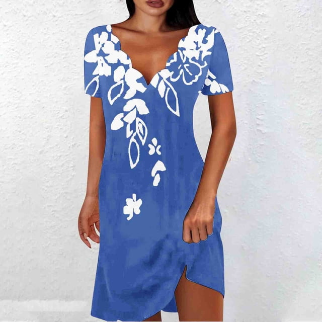 Robe d'Été Décontractée pour Femmes, Robe à Manches Courtes pour Femmes, Mode Féminine Couleur Unie Robe Mi-Mollet à Manches Courtes Col en V