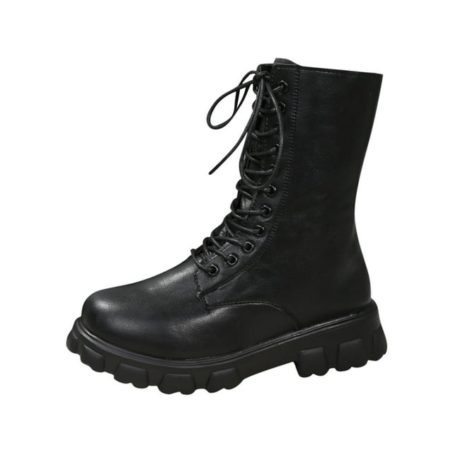 Bottes pour Femmes Cheville Britannique Solides à Lacets Bout Rond Semelle Épaisse Talon Bas