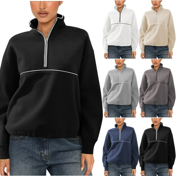 QATAINLAV Quarter Zip Pullover Women Fall Long Sleeve Mock Neck Sweatshirt Solid Casual Tunic Going Out Tops Back to School Clothes for Teen Girls, Black, L, Mother's Day Gifts