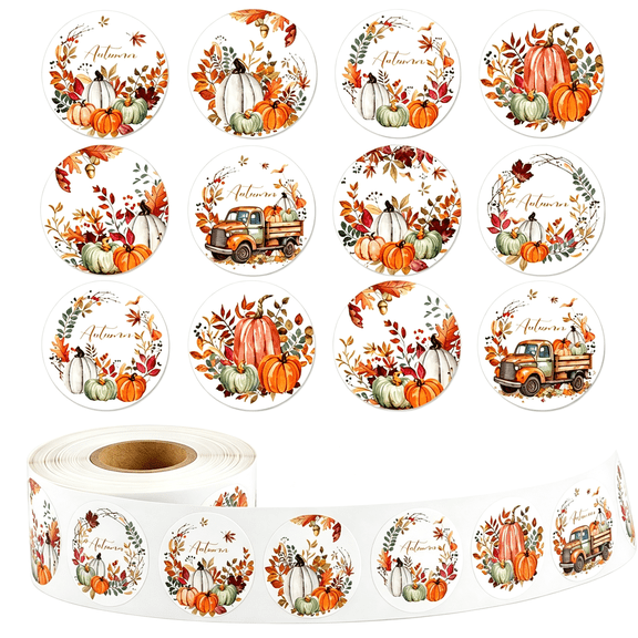 CCOCC 500Pcs 1.2In Fall Pumpkin Stickers Roll 12 Designs Hello Pumpkin Maple Leaf Stickers Thanksgiving Round Self-Adhesive Labels for Autumn Decorations Envelope Water Bottle Holiday Party Favors