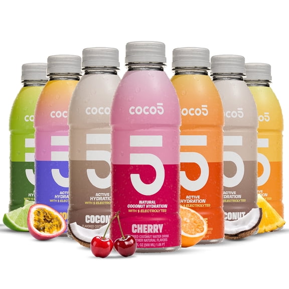 COCO5 Coconut Water Variety Pack, Active Hydration with 5 Electrolytes, 50% Less Sugar, Caffeine Free, Vegan, 6 Flavors, 16.9 oz, 12 Count
