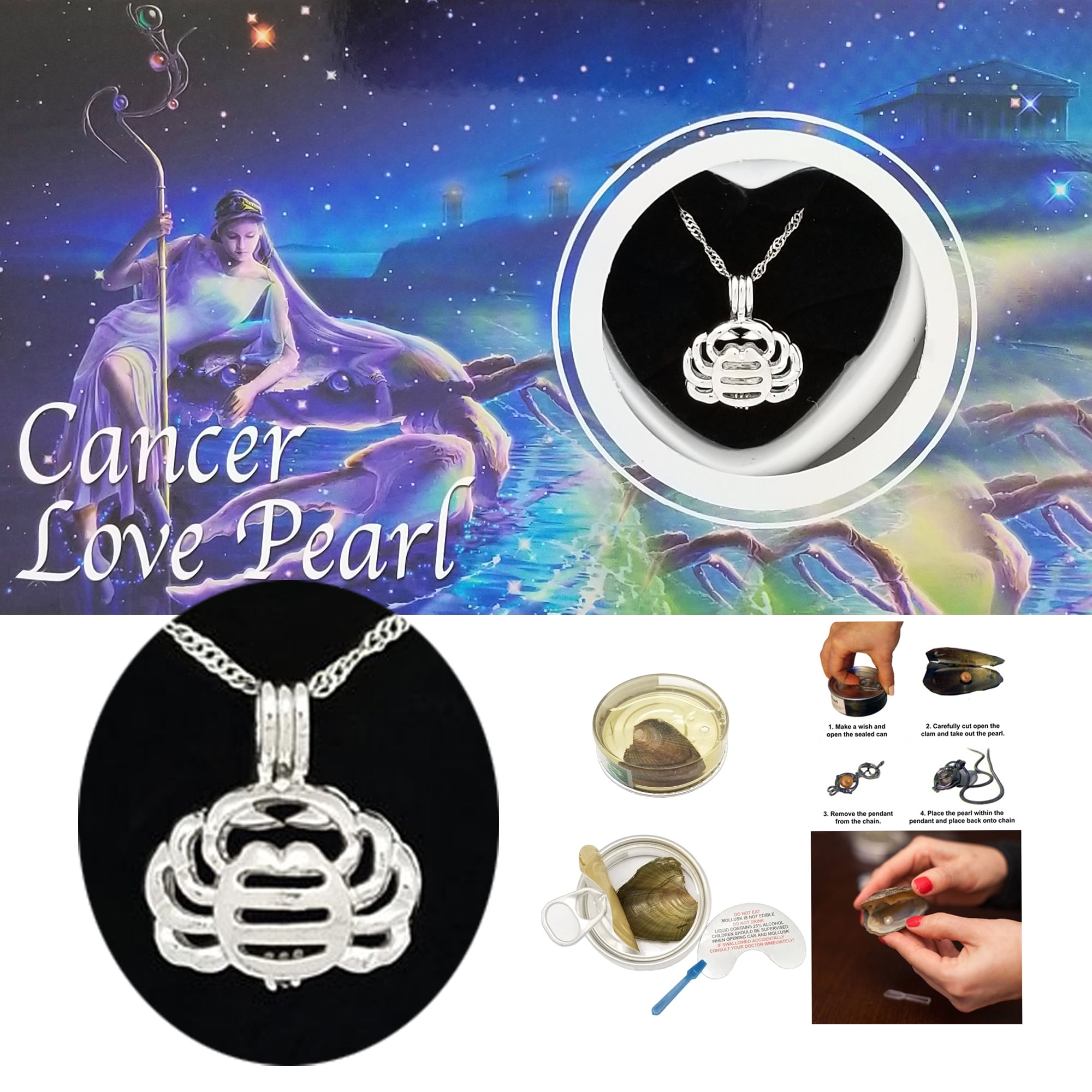 CANCER Astrological Love Pearl Necklace & Pendant crab genuine pearl in oyster 