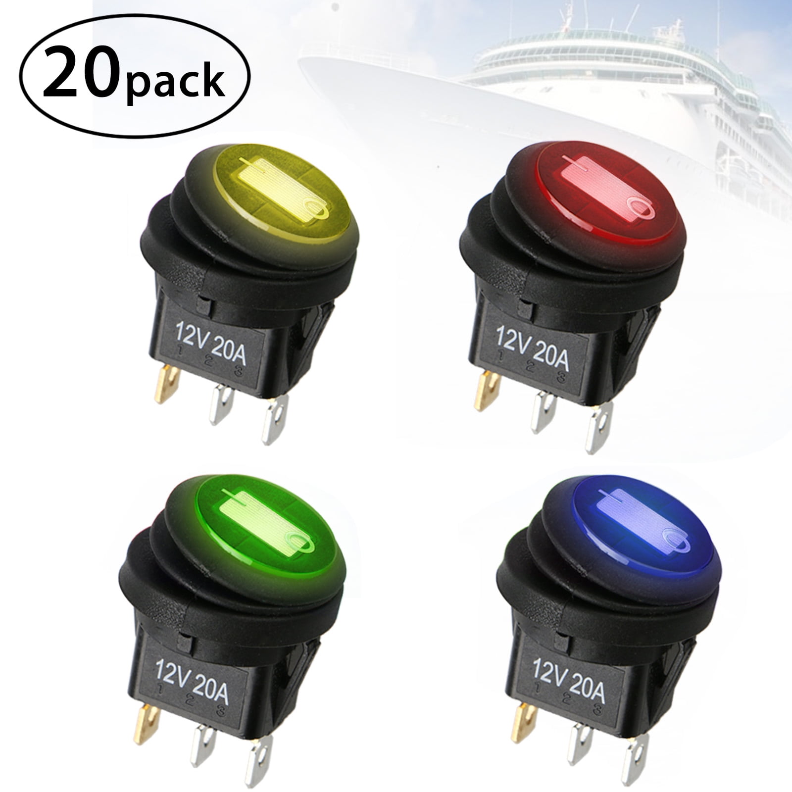 5 x Blue 12V LED Dot Light Car Boat Rocker Switch Power OFF ON SPST Round 20mm