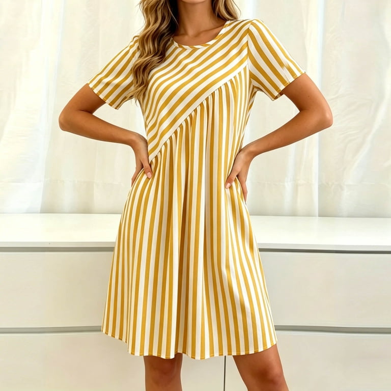 Lenpel Womens Short Sleeve Casual Dresses Striped Crew Neck Knee Length T Shirt Dresses Fashion Loose Lounge Dresses