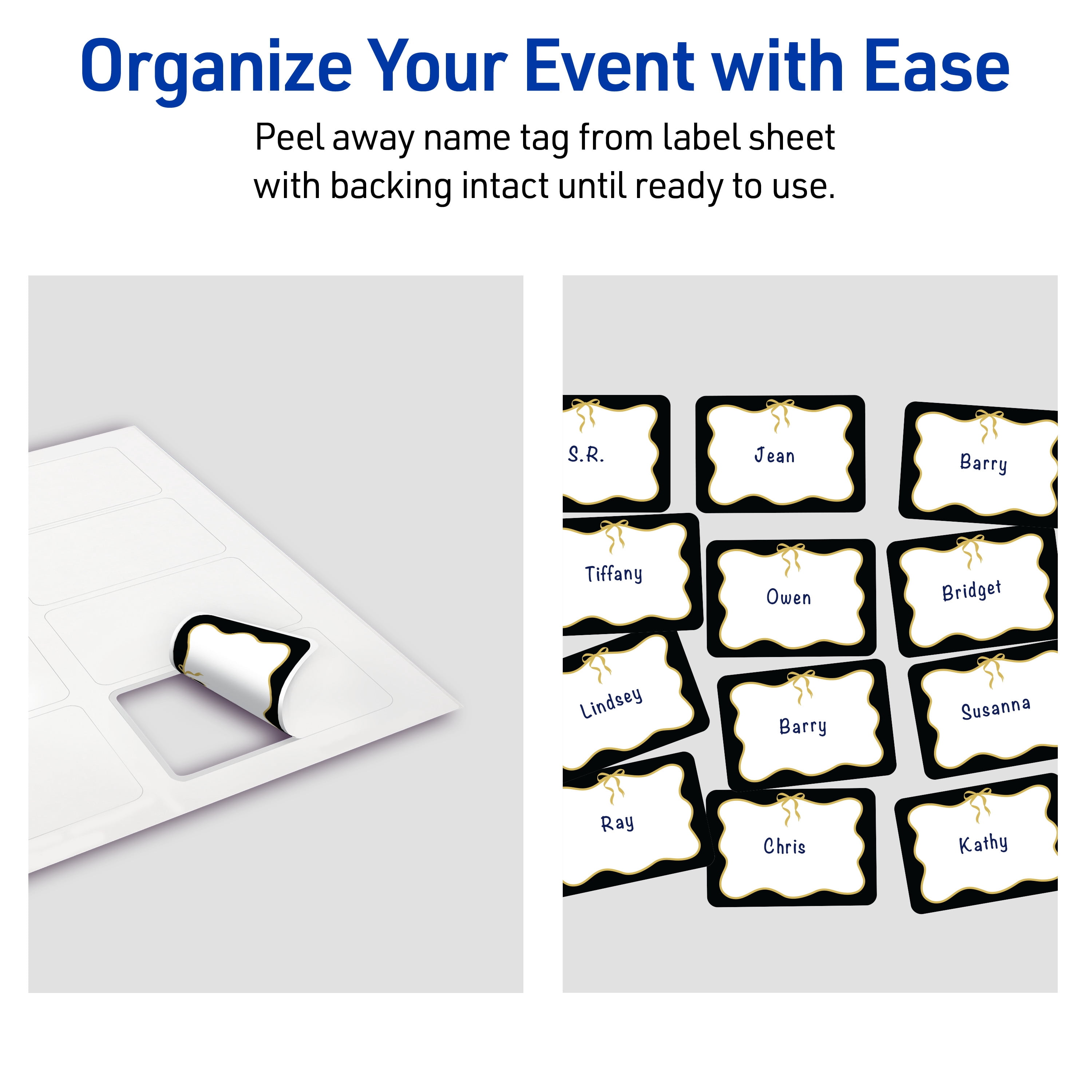Avery Adhesive Name Tags, Matte White, Black/Gold Bow