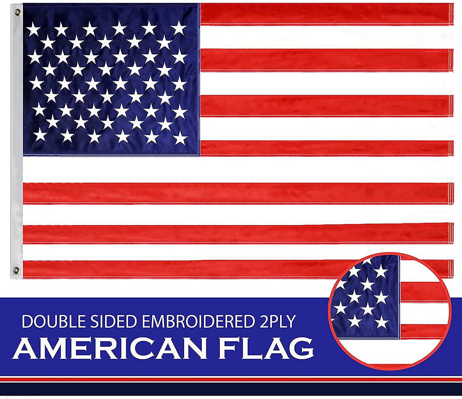 Embroidered Stars Sewn Stripes Brass Grommets 3x5 ft American Flag USA US U.S