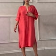 thumbnail image 6 of Guiexla Summer Women Dress V Neck Side Split Loose Pullover Button Pure Color Long Sleeves Casual Daily Wear Midi Dress, 6 of 7