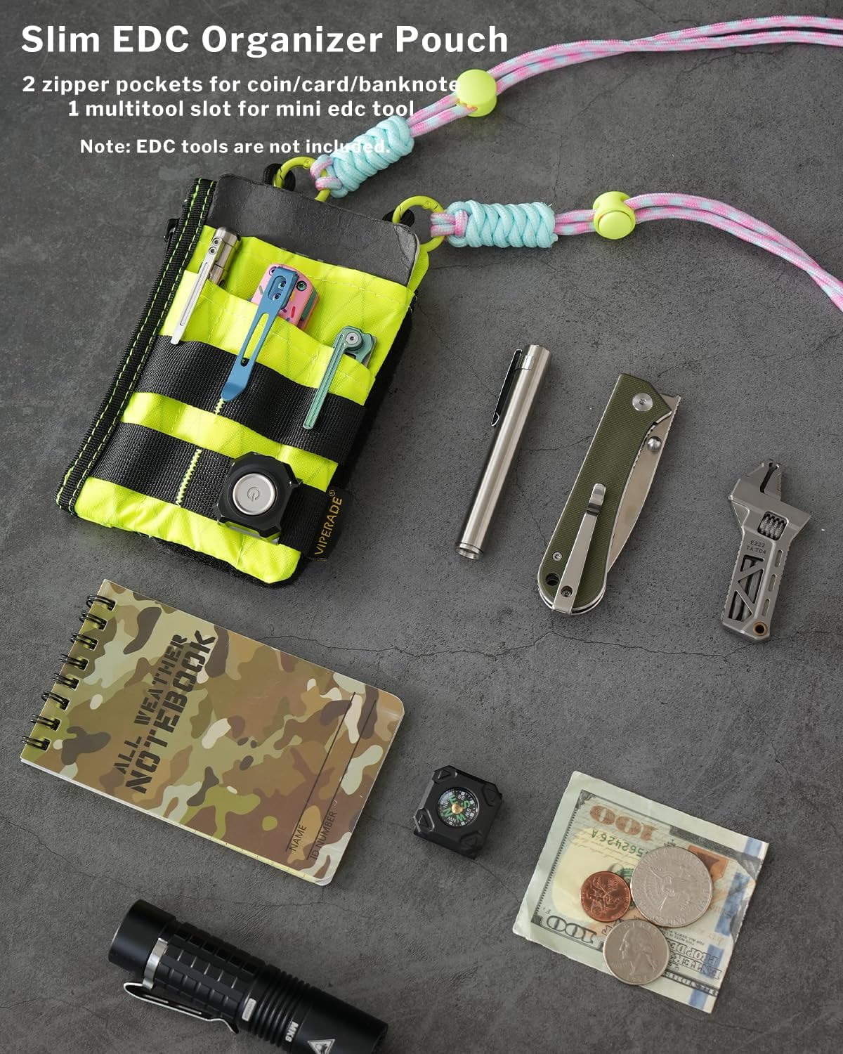 VIPERADE EDC Pocket Pouch with Strap, 5 EDC Pocket with 2 Zipper Pockets, Pocket Ogranizer for Men, Small EDC Sling Organizer Bag, Slim EDC Wallet Multitool Pocket Pouch (XPAC-Hot Lime)