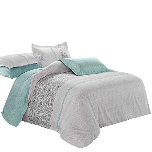 3pcs, Queen Size M Gray Teal Comforter Set B0102-BZ3-250-Q Reversible with Grey and Turquoise Pattern Printed Soft Microfiber Bedding Wake In Cloud 