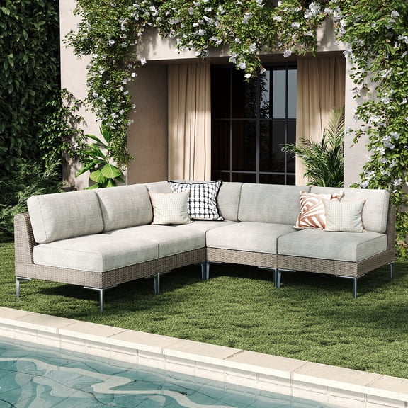 LayinSun 5-Piece Wicker Rattan Patio Furniture Set, Deep Seating Outdoor Modular Sectional Sofa Conversation Set with Thick Cushions for Lawn, Garden