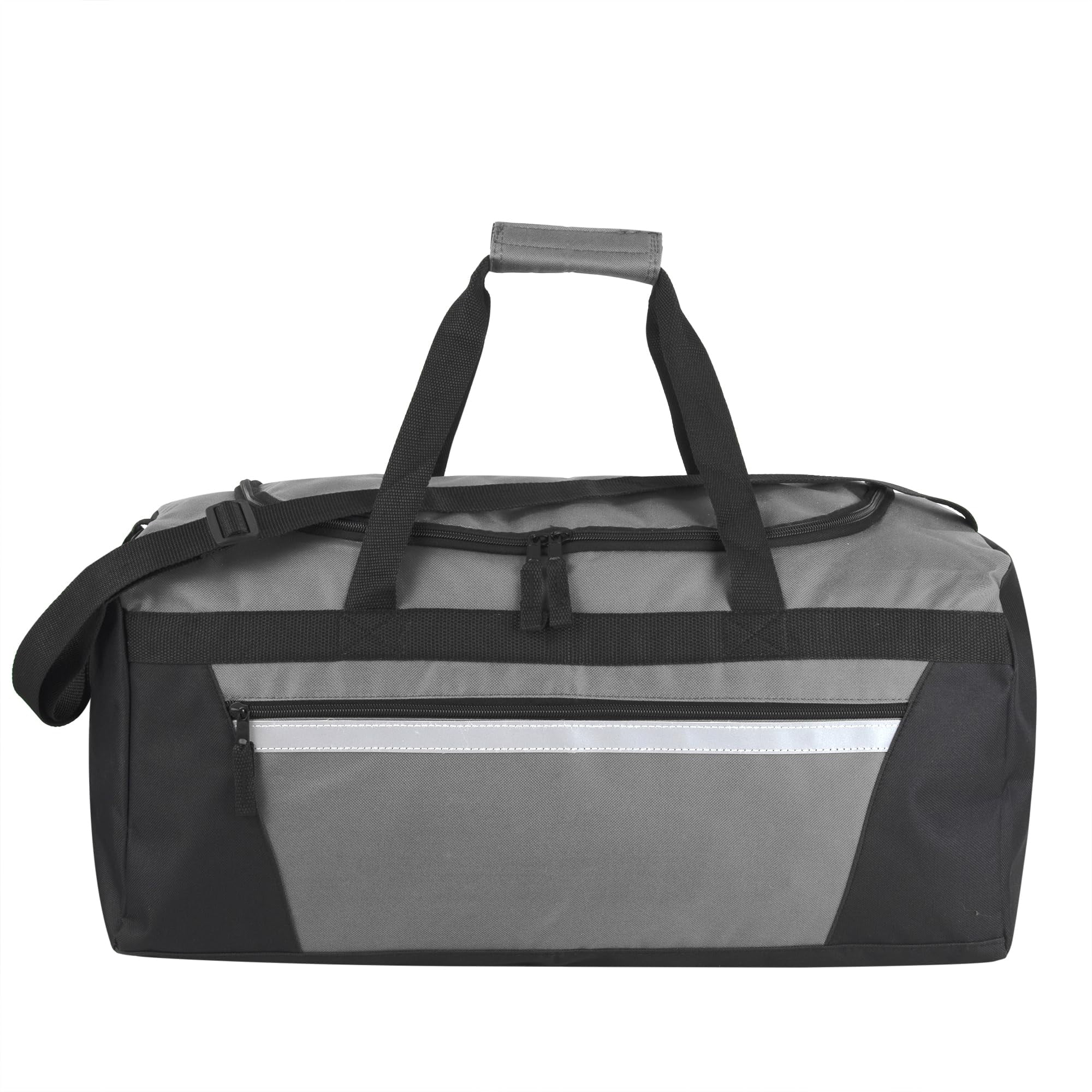 24 Pack of Bulk Wholesale 40 Liter 22 Inch Duffle Bags with Reflective Stripe, Front Accessory Pocket, Velcro Handles and Luggage Strap for Sports, Gym & Traveling in Gray