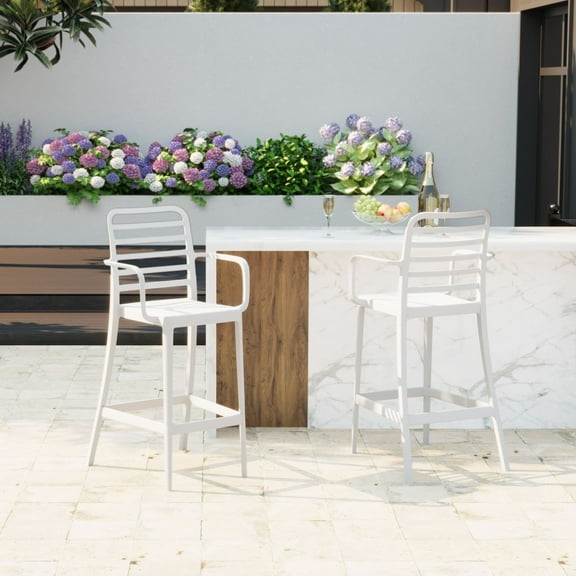 WestinTrends Playa 29.5" Outdoor Polypropylene Plastic Patio Bar Height Stools (Set of 2), White