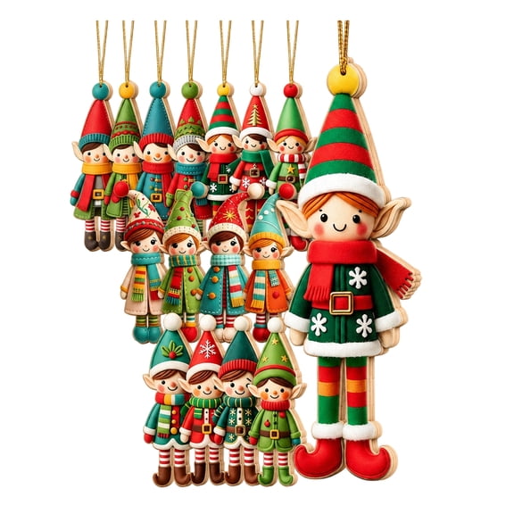 StlyGar 16Pcs Vibrant Christmas Elf Ornaments | Colorful Flat Wooden Xmas Tree Decor, Distinct figurine style elf pendants, vivid seasonal xmas hanging Decor