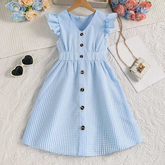 MJTBGFSWG Easter Dresses for Toddler Girls Summer Toddler Girl Dress with Flutter Sleeves Checkered Button Front Dress for Kids