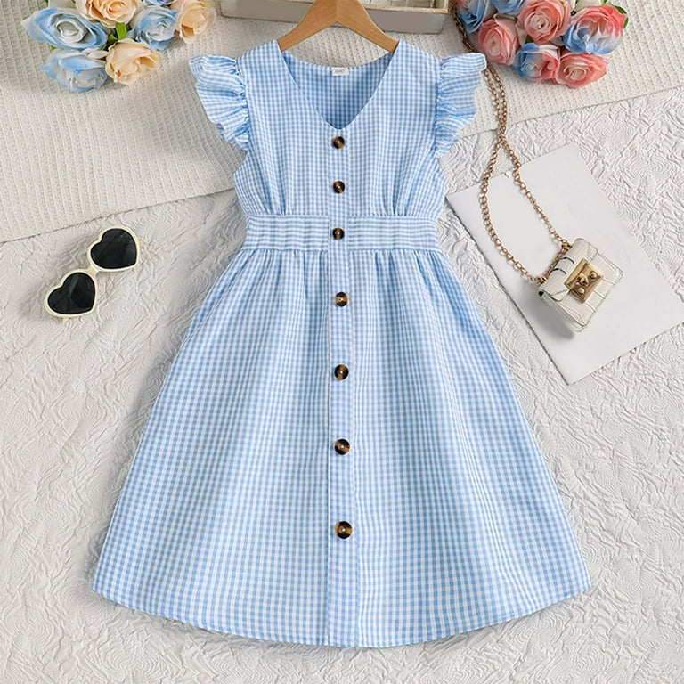 Utlike Girls Summer Dresses Butterfly Sleeves Checkered Button