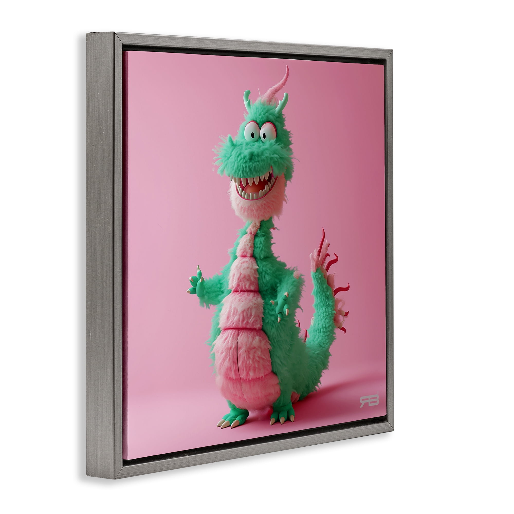 Stupell Industries Happy Green Dragon Fantasy & Sci-Fi Painting Gray Floater Framed Canvas Art Print Wall Art, 18 x 18