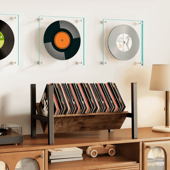RTVR Vintage Vinyl Record Storage Stand Holder CD Display Rack, 100 Album Capacity, Black with Wooden Divider, Book Organizer