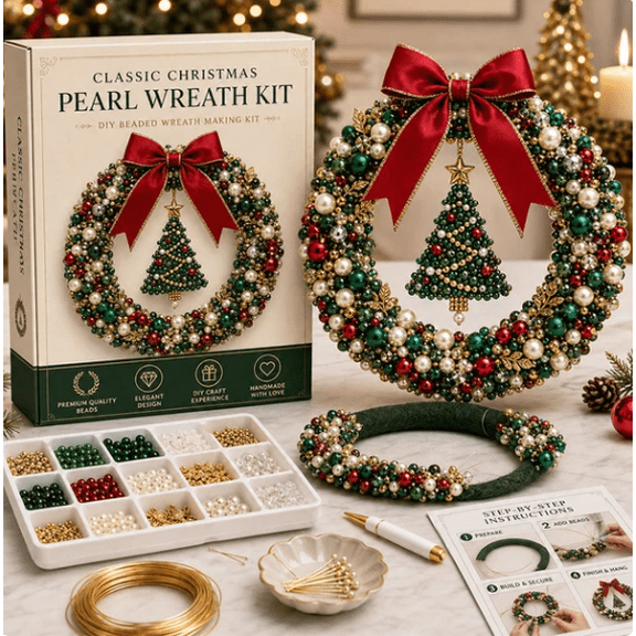 DIY Christmas Pearl Wreath Kit – Handmade Beaded Holiday Door Decoration,Nativity Scene Beaded Christmas Wreath, Hanging Wreath for Front Door Home and Mantel Decoration