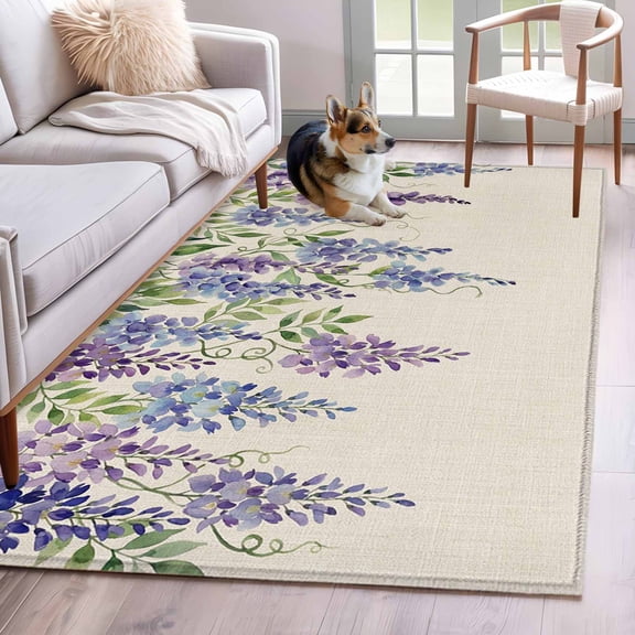 Purple Flowers Area Rugs 3'x5', Washable Small Throw Rugs for Living Room Bedroom, Weeping Spring Floral Rustic Pastoral Indoor Outdoor Rug Non-Slip Low Pile Carpet Runner Reversible Floor Mats