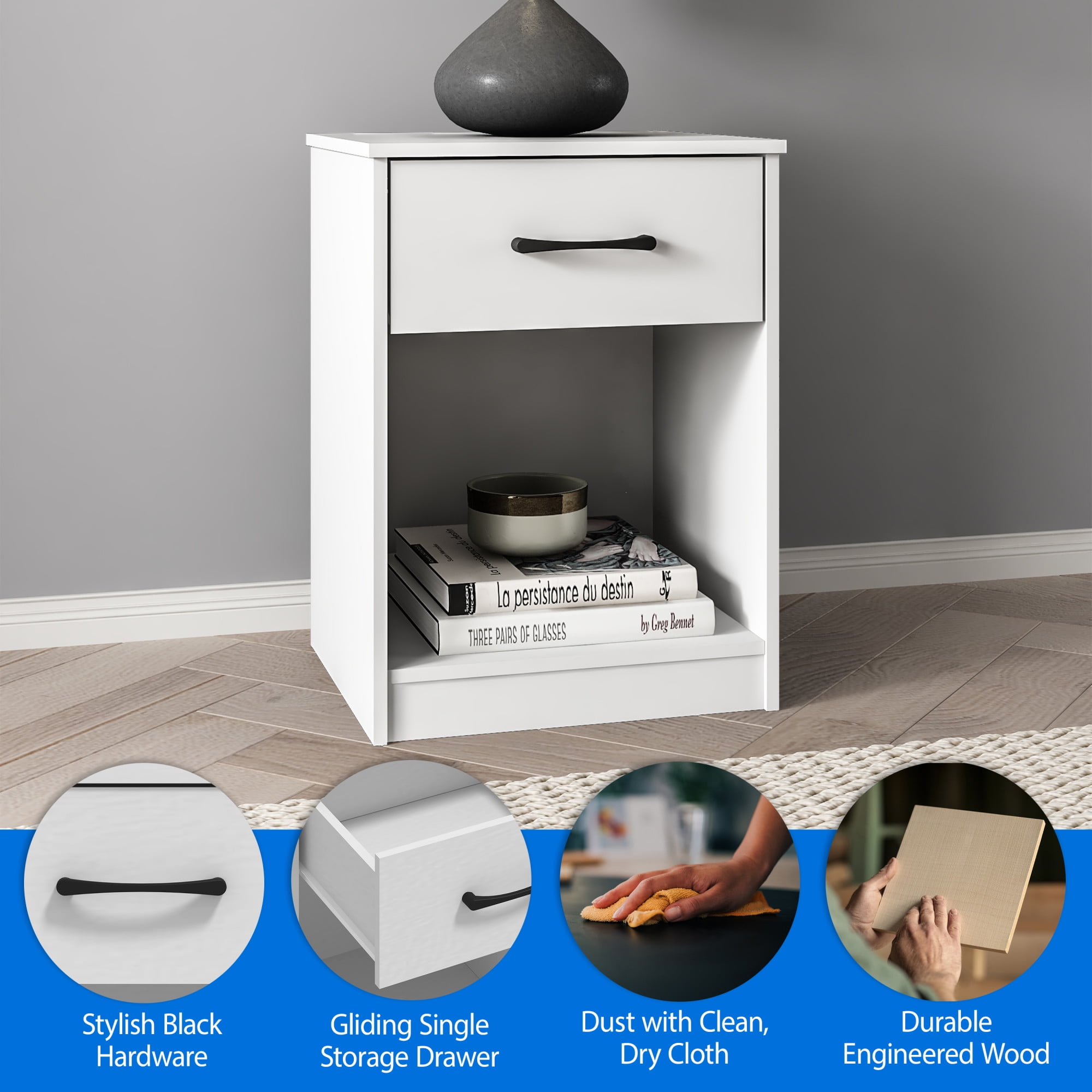 (2 pack) Mainstays Ardent Nightstand with 1 Drawer, White