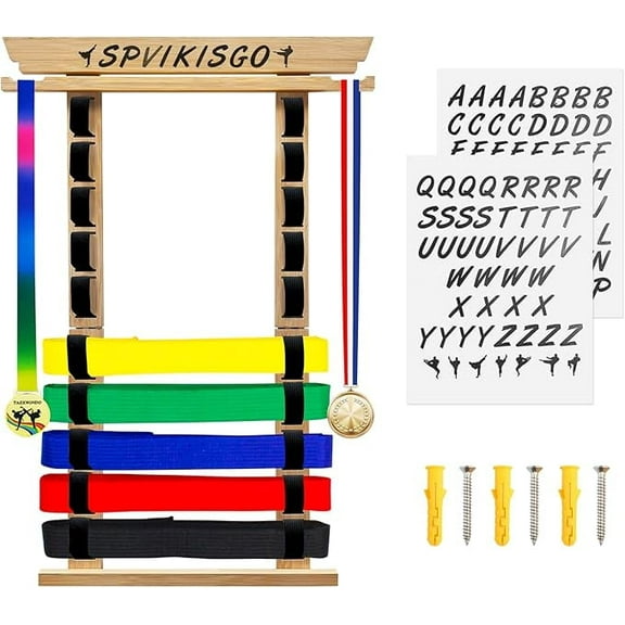 10 Belts Karate Belt Display Rack, Taekwondo Belt Display Stand with Sticker and Medal Hook, No Assembly Required for Jiu-Jitsu Belt, BJJ Belt, Martial Arts Belt Displays