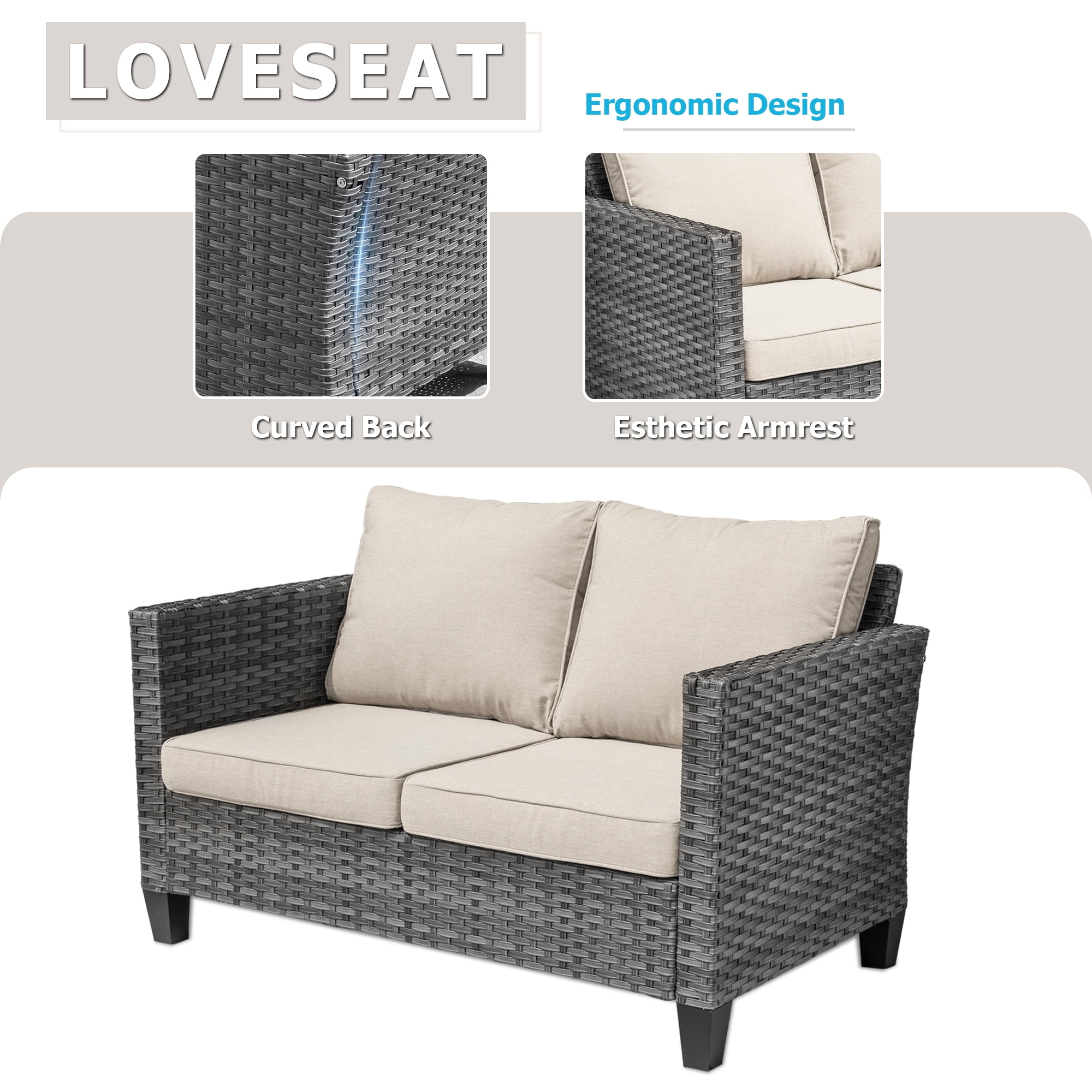 XIZZI Outdoor Furniture 50" Loveseat Sofa Couch with Gray Wicker Rattan(Beige Cushion)