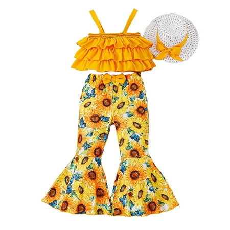 

3Pcs Kid Girls Summer Clothes Set Sleeveless Ruffled Camisole with Sunflower Print Flare Pants Hat
