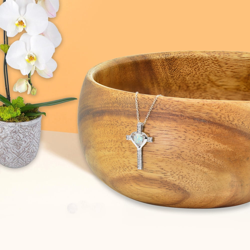 Sterling Silver Simulated White Opal and White Topaz Heart Cross Birthstone Pendant Necklace