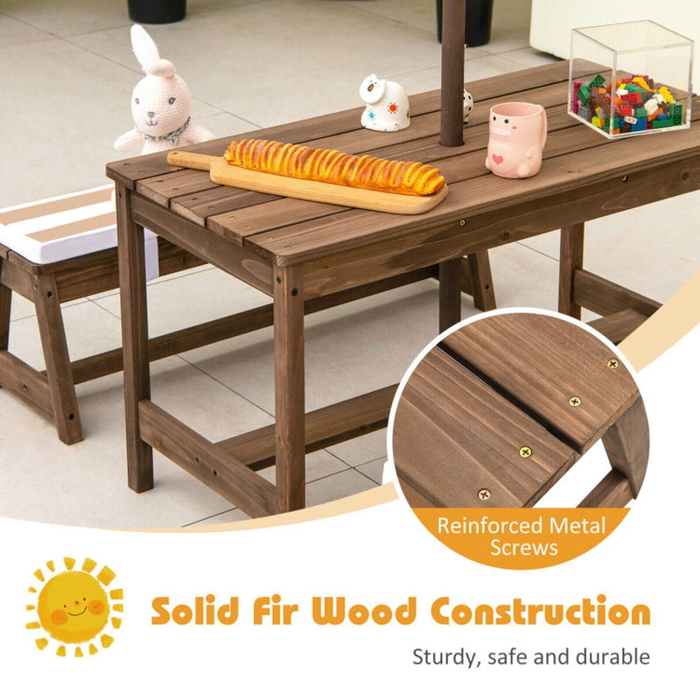 GVN Kids Picnic Table and Bench Set with Cushions and Height Adjustable Umbrella-Brown, Kids Desk and Chair Set for Arts & Crafts, Snack Time, Homeschooling, Homework