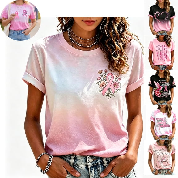 Mfakffe Breast Cancer Shirts for Women October Breast Cancer Awareness Short Sleeve Tee Pink Ribbon Print Crew Neck Casual T-Shirt for Breast Cancer Support
