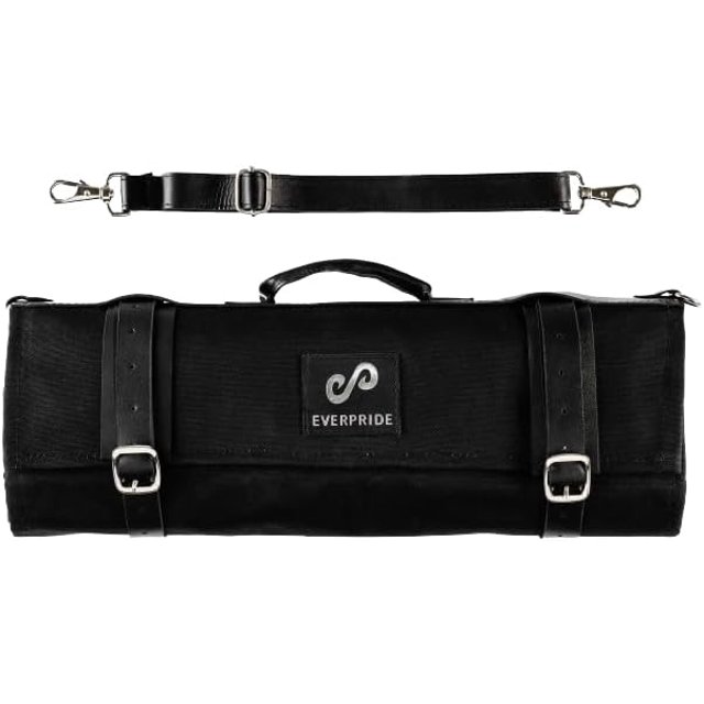 EVERPRIDE Chef Knife Roll Bag Holds 12 Knives and Cooking Tools – Durable, Large Knife Case Made of Canvas and Genuine Leather – Elegant Chef Bag for Professional Cooks – Knives Not Included