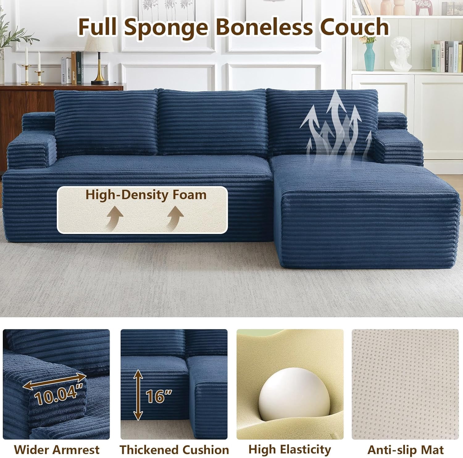 96" Boneless Cloud Couch with Chaise, Modular Sectional Sofa for Living Room, No Assembly Required, Deep Seat Corduroy Couch, Blue