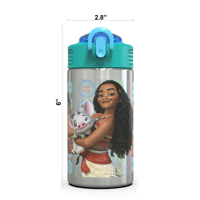 Zak Designs Disney Movie Moana Vacuum Insulated Thermal, 18/8 Stainless Steel 14 oz Kids Water Bottle w/ FlipUp Straw Spout & Locking Spout