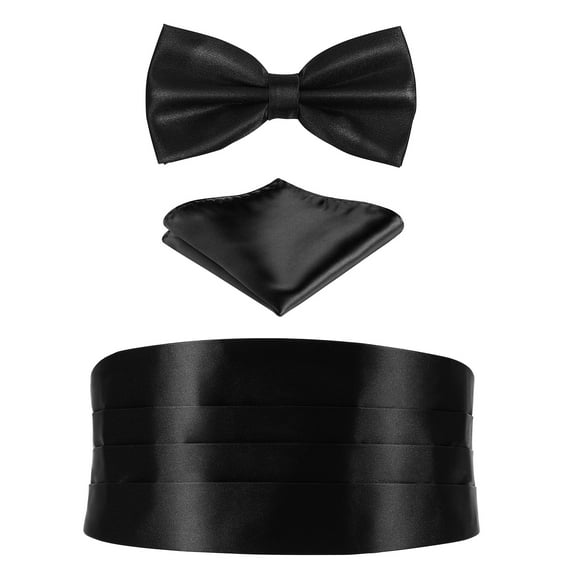 1 Set Men Cummerbund Pocket Square Bow Tie Formal Suit Accessories Pocket Hanky Waistband (Black)